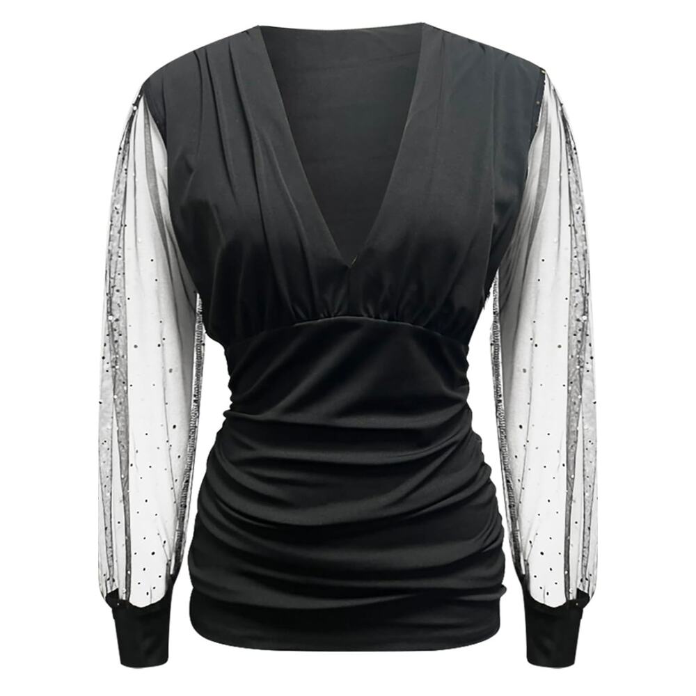 Black Deep V neck sheer rhinestone embellished puffy sleeve top glam size M - Picture 2 of 12